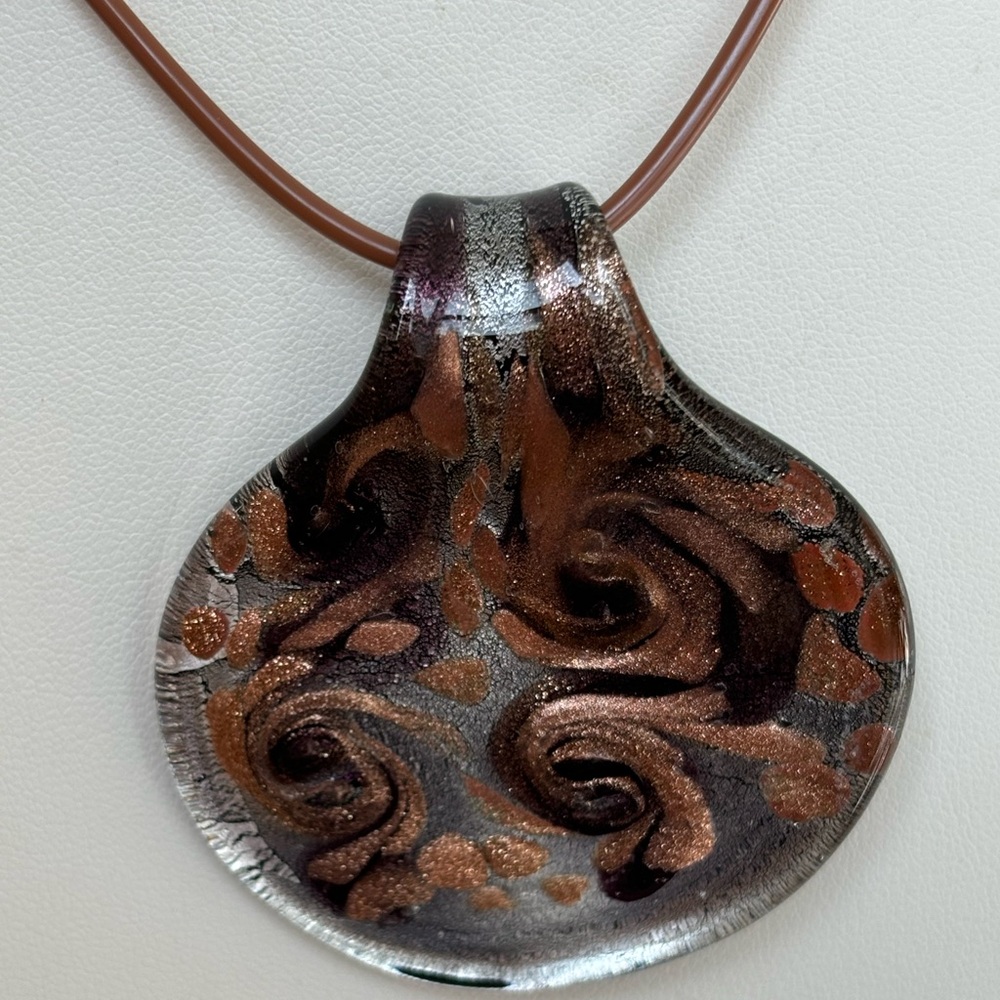 Painted glass pendant necklace/ soft tan tubing for chain